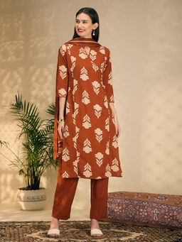 FASHOR - Ethnic Floral Printed Embroidered A-Line Kurta With Pant & Dupatta