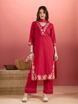 FASHOR - Embroidered Straight Kurta With Palazzo & Dupatta