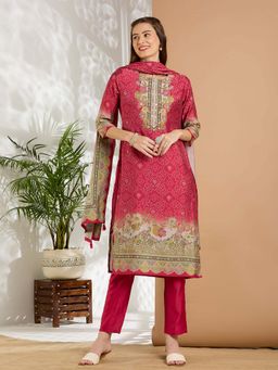 FASHOR - Bandhani Printed Mirror Work Straight Kurta With Pant & Dupatta