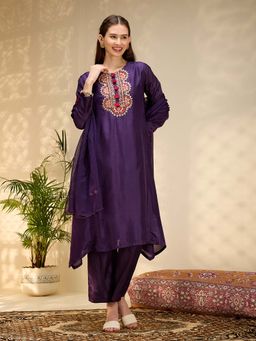 FASHOR - Floral Gota Patti Embroidered A-Line Kurta With Pant & Dupatta