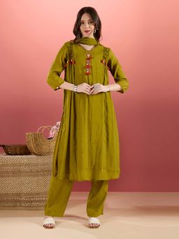 FASHOR - Mirror Work A-Line Kurta with Pant with Winkled Dupatta