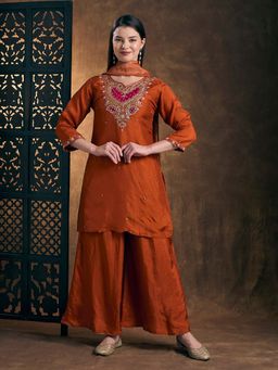 FASHOR - Hand Embroidered Straight Kurta With Palazzo & Dupatta