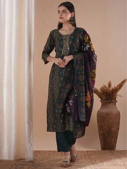 FASHOR - Ethnic Floral Printed and Embroidered Straight Fit Kurta With Pant & Dupatta