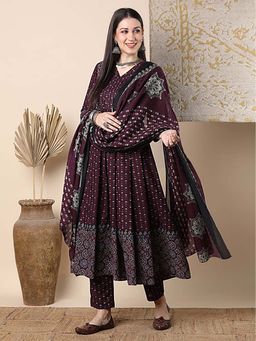 FASHOR - Ethnic Floral Printed and Embroidered Anarkali Flared Kurta With Pant & Dupatta