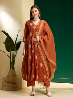 FASHOR - Paisley Embroidered Anarkali Kurta With Pant & Dupatta