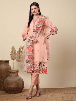 FASHOR - Threadwork Embroidered Straight Cut Kurta With Pant & Organza Dupatta