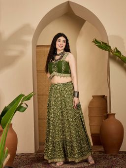Stylum - Women Green Ethnic Printed Cotton Crop Top With Skirt