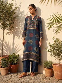 trueBrowns - Blue Embroidered A-Line Kurta With Pant