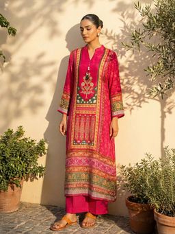 trueBrowns - Pink Printed A-Line Kurta With Palazzo