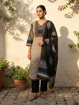 trueBrowns - Beige Blue Printed V-Neck Kurta With Pant & Dupatta