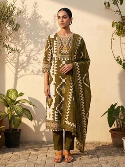trueBrowns - Olive Green Printed Kurta With Pant & Dupatta