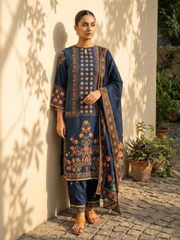 trueBrowns - Blue Print Embroidered Straight Kurta With Pant & Dupatta