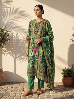 trueBrowns - Green Ikat Print Embellished V-Neck Kurta With Pant & Dupatta