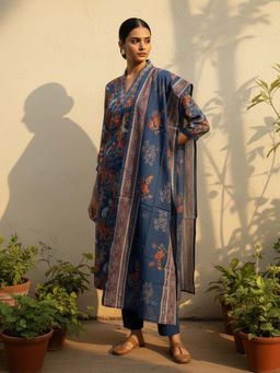 trueBrowns - Blue Floral Print Embroidered Kurta With Pant & Dupatta
