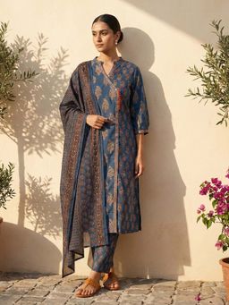 trueBrowns - Blue Boota Print Angrakha Kurta With Pant & Dupatta