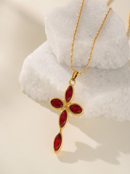 AQUASTREET - Red Zircon Cross Pendant 18K Gold Plated Waterproof Anti-Tarnish Necklace