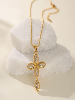 AQUASTREET - White Zircon Cross Pendant 18K Gold Plated Waterproof Anti-Tarnish Necklace