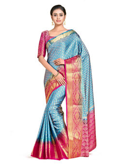 Mimosa - Blue Kanjivaram Style Art Silk Saree With Unstitched Blouse