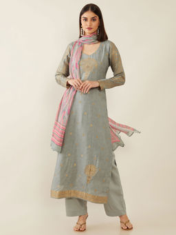 Soch - Grey Hand Embroidery Silk Unstitched Dress Material - 3 Meter Kurta Fabric