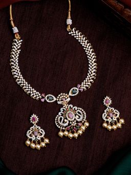 Estele - Gold Plated Cz Mayuri Traditional Bridal Necklace Set With Pearls For Women (Set of 2)