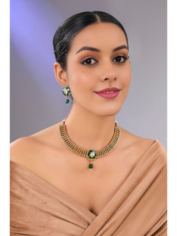 Auraa Trends - Multi-Color Antique Gold Finish Kundan Polki and Green Stone Necklace & Earrings Set