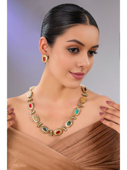 Auraa Trends - Gold Finish Multi-Colored Gemstone Necklace & Earrings Set