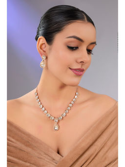 Auraa Trends - White Gold Finish Kundan Polki and Pearl Necklace & Earrings Set