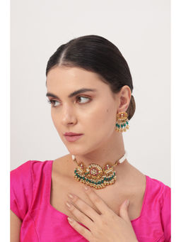 Beryachi - Gold Finish Multi-Colored Pachi Kundan Polki Choker Necklace & Earrings Set
