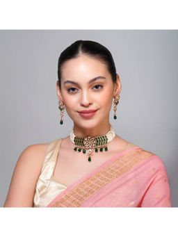 Beryachi - Multi-Color Gold Finish Kundan Polki Pearl Necklace & Earrings Set