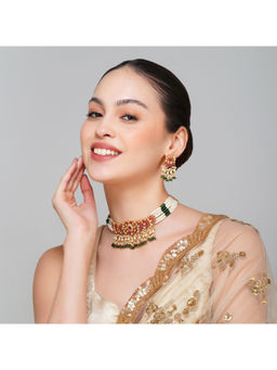 Beryachi - Gold Finish Multi-Colored Pachi Kundan Polki Choker Necklace & Earrings Set