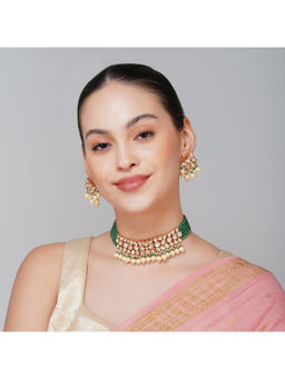Beryachi - Multi-Color Latika Emerald Green White Polki Kundan Choker & Earrings Set