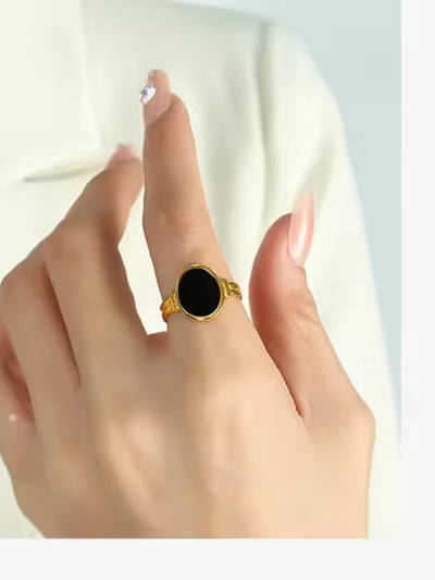 Black Oval Onyx 18K Gold Plated Ring
