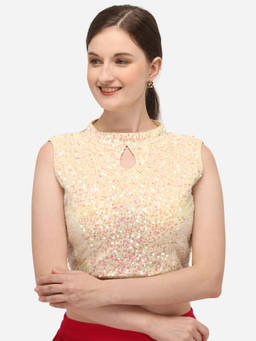 Amrutam Fab - Womens Sequence Work Beige Velvet Stiched Blouse With Collar Neck