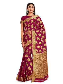 Mimosa - Maroon Mysore Silk Style Crepe Saree With Unstitched Blouse