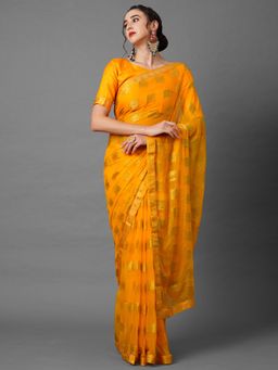 Akhilam - Yellow Festive Chiffon Solid Saree with Unstitched