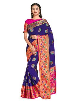 Mimosa - Navy Blue Dharmavaram Style Art Silk Saree With Unstitched Blouse