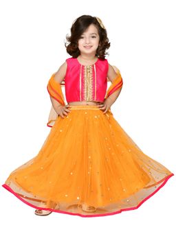 SAKA DESIGNS - Neon Pink And Orange Lehenga Choli With Sequenced Work (Set of 3)
