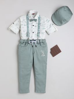 Mini Stitch - 5 Pcs Suspender With White Shirt And Pant For Boys - Olive (Set of 5)