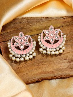 Estele - Rhodium Plated Adorable Kundan Earrings with Pearl & Pink Enamel for Women