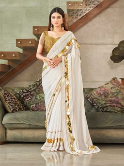 Tikhi Imli - Off White Colored Sequinned Lace Saree with Unstitched Blouse