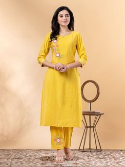 Readiprint - Women Yellow Floral Embroidered Kurta with Pant