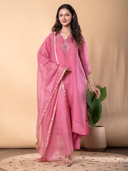 Readiprint - Women Pink Embroidered Thread Work Kurta with Pant and Dupatta