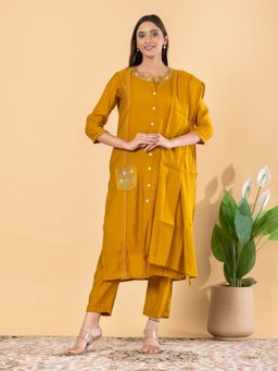 Readiprint - Women Mustard Floral Embroidered Kurta with Pant and Dupatta