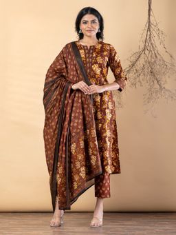 Readiprint - Women Brown Floral Printed Kurta with Pant and Dupatta