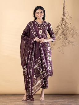 Readiprint - Women Wine Floral Printed Kurta with Pant and Dupatta