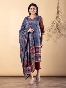 Readiprint - Women Blue Stripes Printed Kurta with Pant and Dupatta