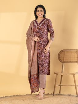 Readiprint - Women Maroon Floral Printed Kurta with Pant and Dupatta