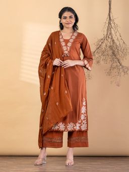 Readiprint - Women Rust Floral Embroidered Kurta with Palazzo and Dupatta