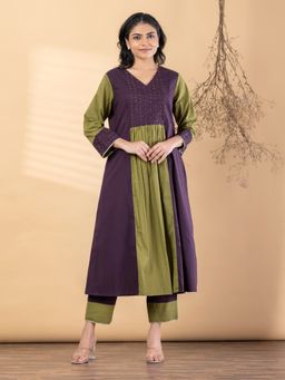 Readiprint - Women Purple-Olive Colorblock Sequined Work Kurta with Pant