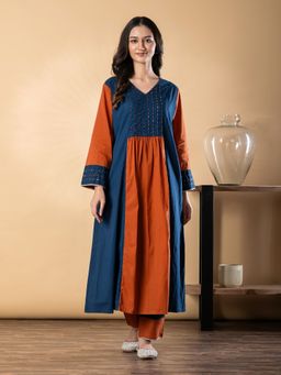 Readiprint - Women Navy Blue-Rust Colorblock Sequined Work Kurta with Pant